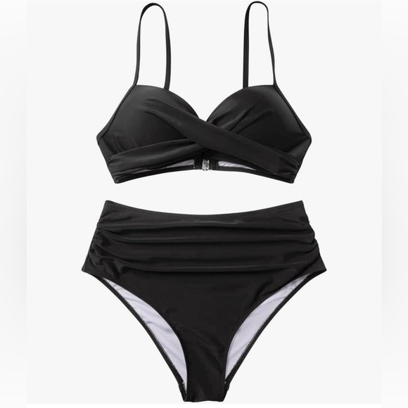 High Waisted Bikini-Set Push Up V Neck Ruched Bottom, Black, Size XL - Picture 11 of 11